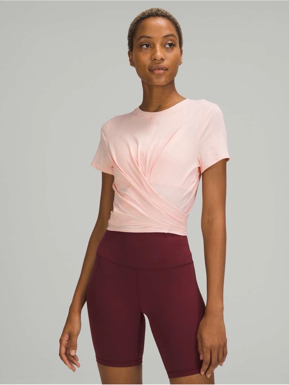 Lululemon Time To Restore Short Sleeve Shirt Pink Tie Front Crop Tee Size 4-6